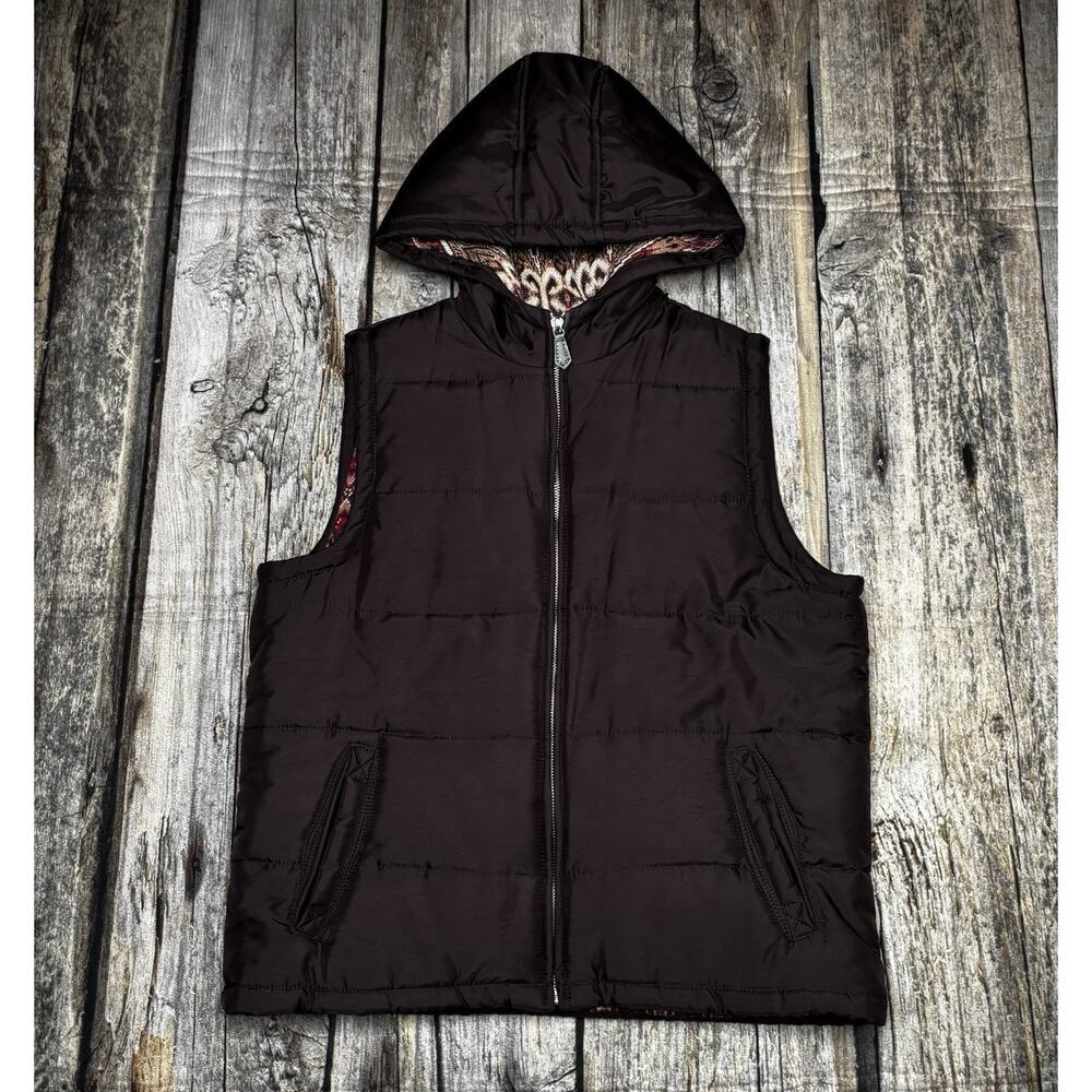 George Puffer Quilted Vest Full Zip Brown Hooded Angora Lining Womens Medium